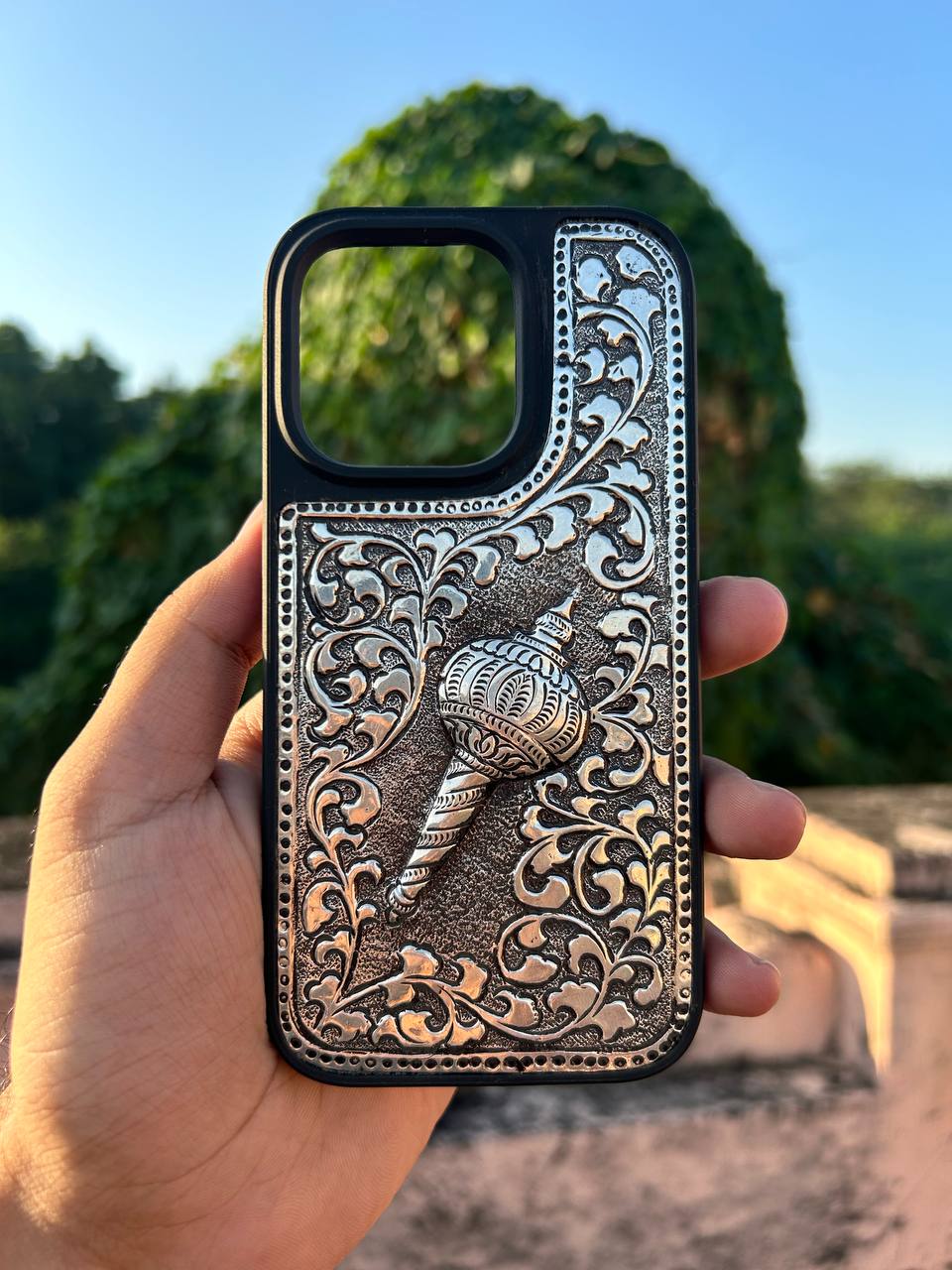 Handcrafted Silver Phone Case with Hanuman Ji’s Gada Design – A Symbol of Strength and Devotion